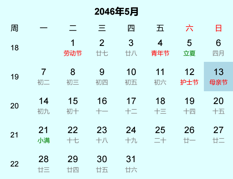 2046年母亲节是几月几日