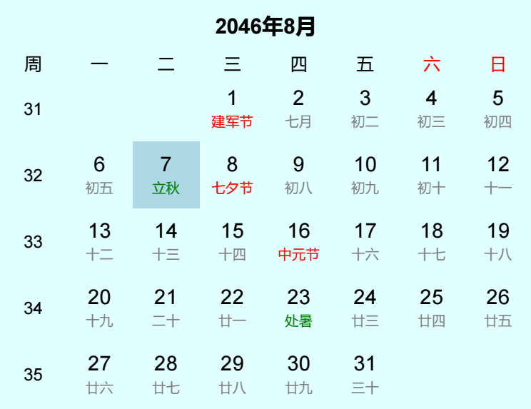 2046年立秋是几月几日