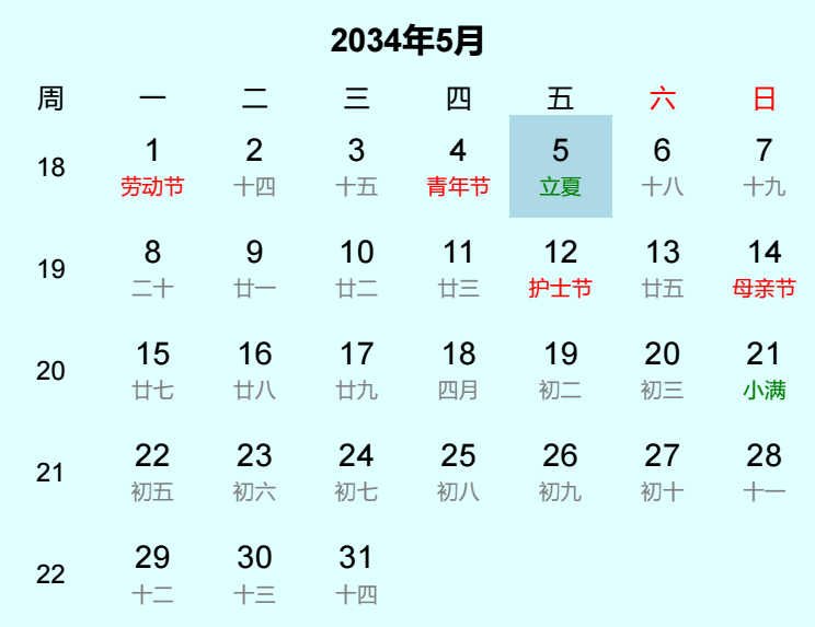 2034年立夏是几月几日