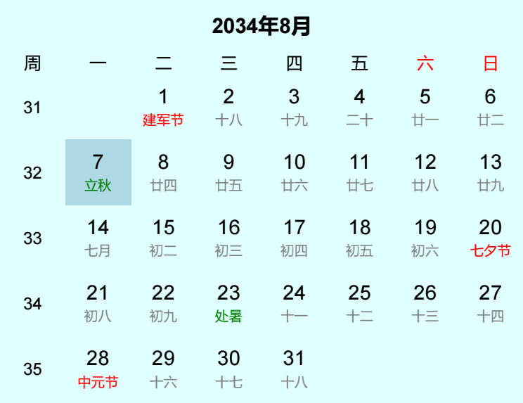 2034年立秋是几月几日