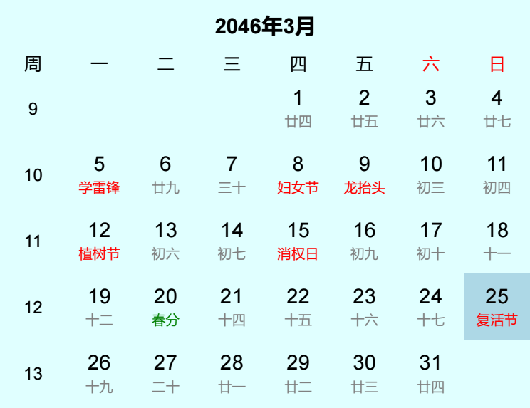 2046年复活节是几月几日