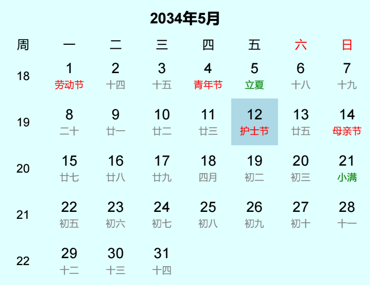 2034年护士节是几月几日