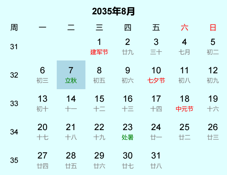 2035年立秋是几月几日