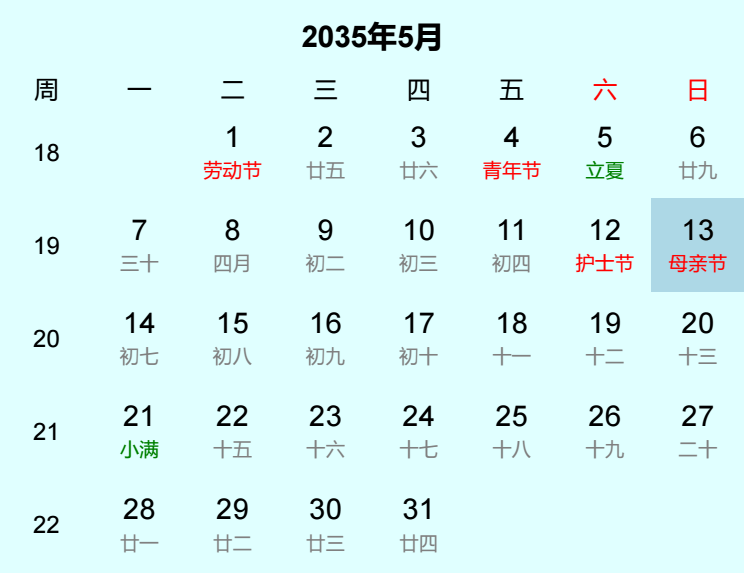 2035年母亲节是几月几日