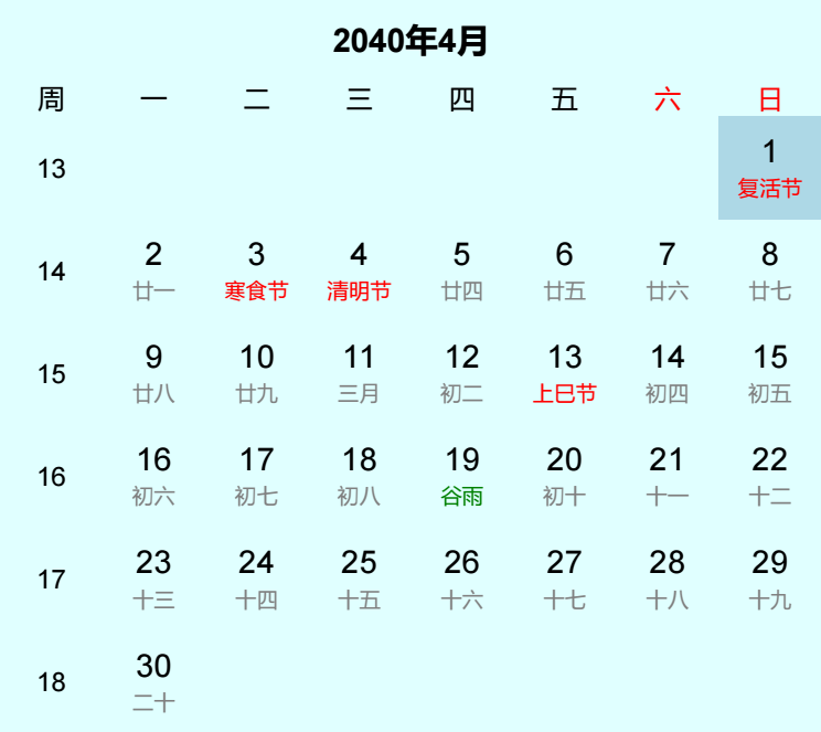 2040年复活节是几月几日