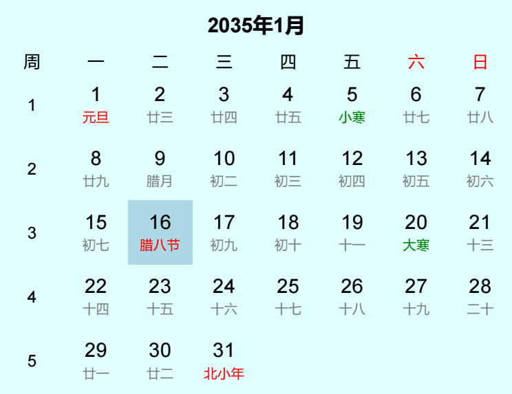 2035年腊八节是几月几日