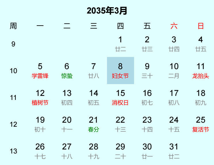 2035年妇女节是几月几日