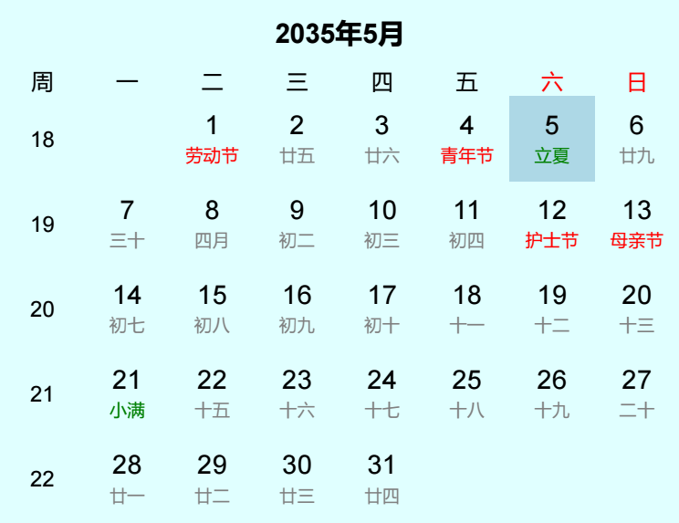 2035年立夏是几月几日