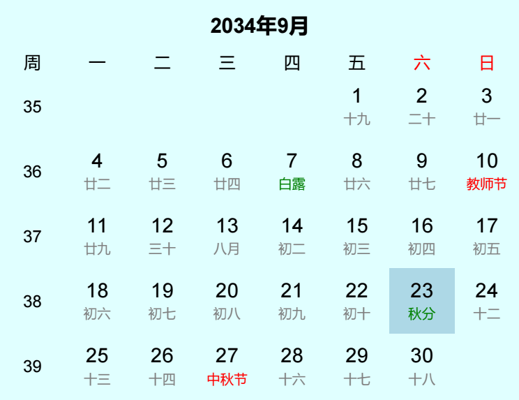 2034年秋分是几月几日