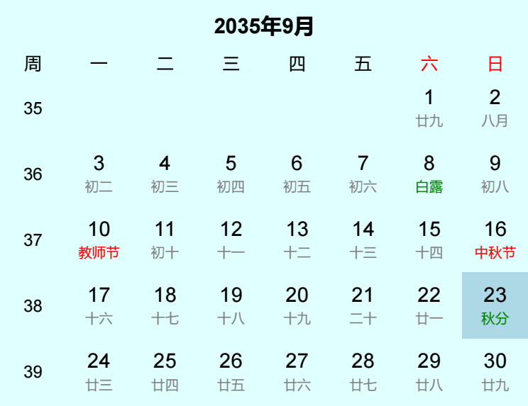2035年秋分是几月几日