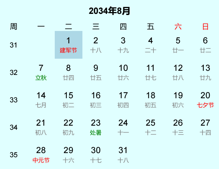 2034年建军节是几月几日