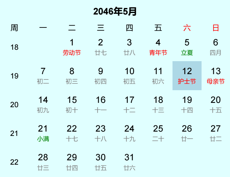 2046年护士节是几月几日