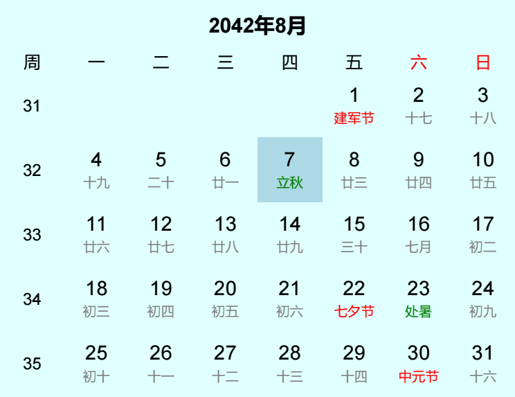 2042年立秋是几月几日